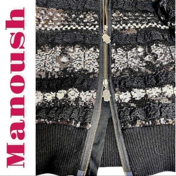MANOUSH Christmas Cardigan Sweater Jacket Sequin Reindeer Snowflakes Lace, XS - Picture 4 of 10
